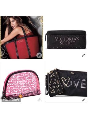 Victoria's Secret Red Black Tote Bag with Logo, 3pc Travel Case,Clear Makeup Bag